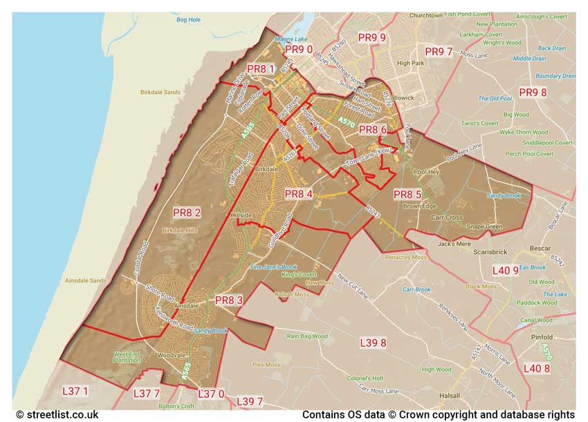 map showing postcode sectors within the PR8 district