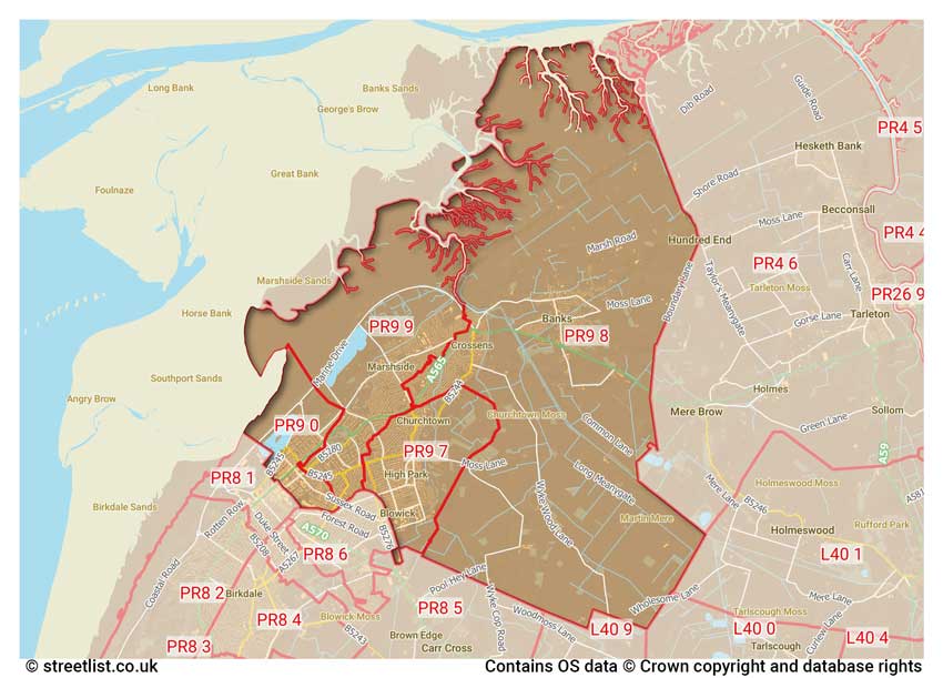 map showing postcode sectors within the PR9 district