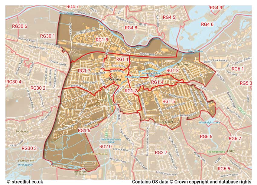 map showing postcode sectors within the RG1 district