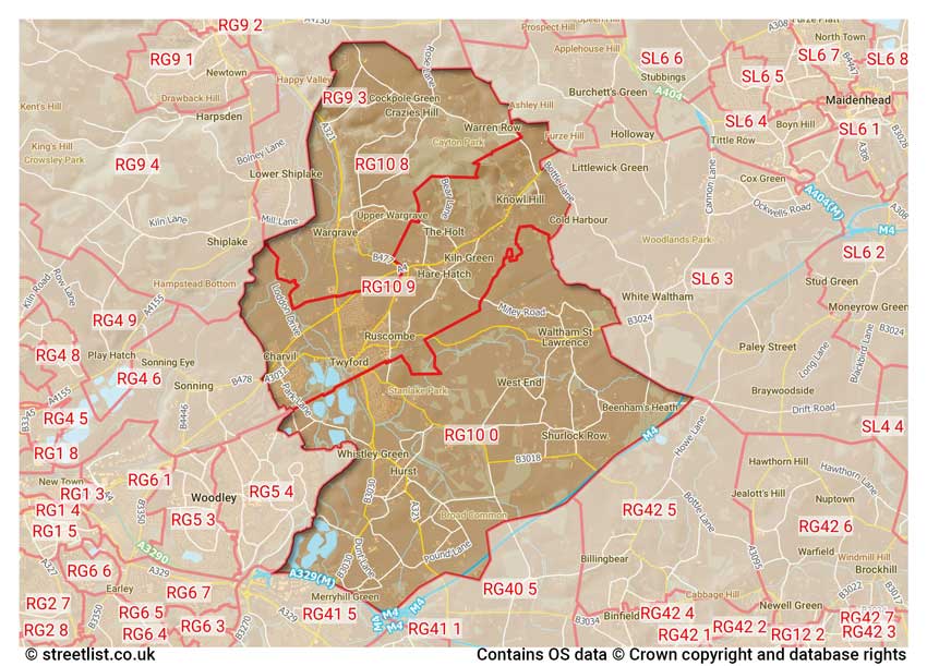 map showing postcode sectors within the RG10 district