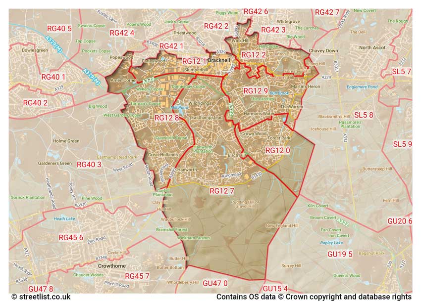 map showing postcode sectors within the RG12 district