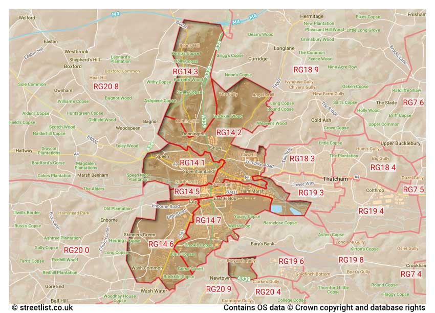 map showing postcode sectors within the RG14 district