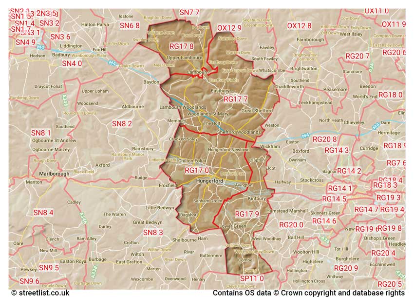 map showing postcode sectors within the RG17 district