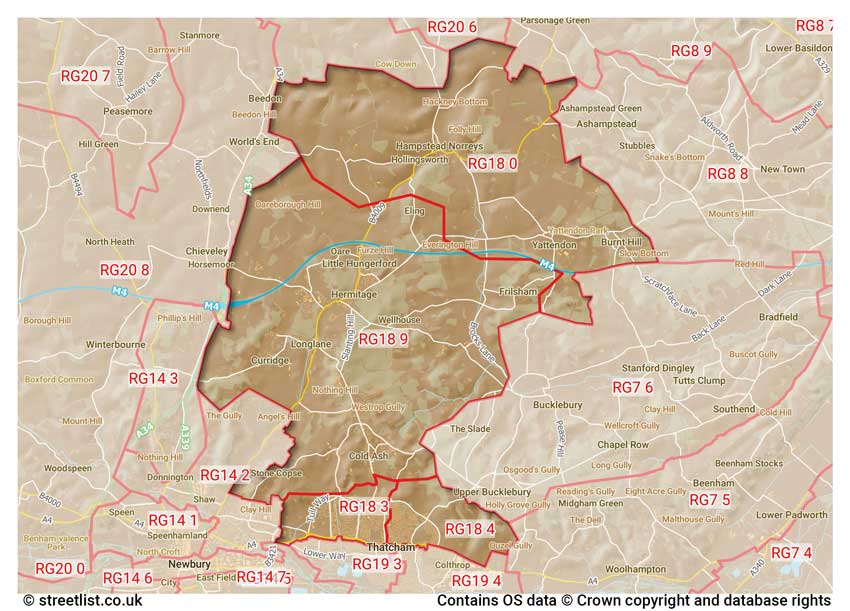 map showing postcode sectors within the RG18 district