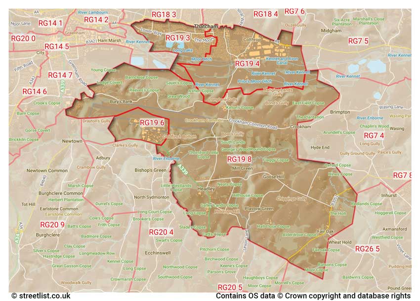 map showing postcode sectors within the RG19 district