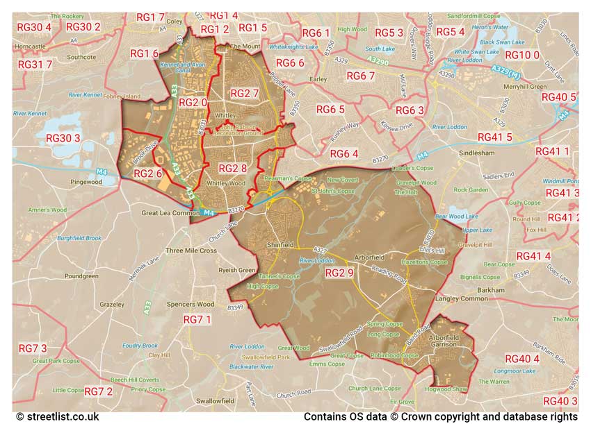 map showing postcode sectors within the RG2 district