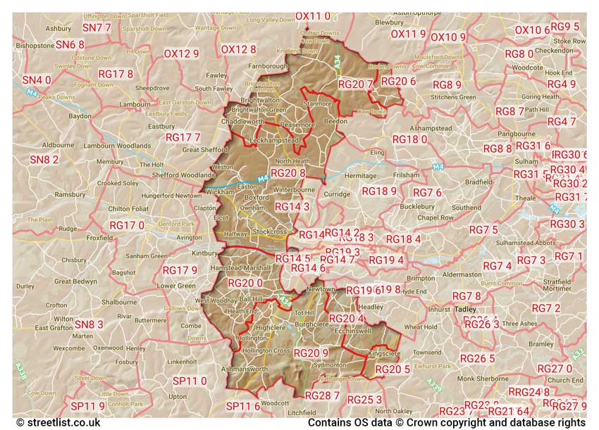 map showing postcode sectors within the RG20 district