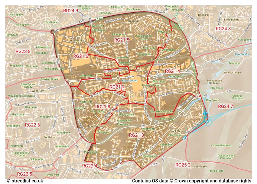 map showing postcode sectors within the RG21 district