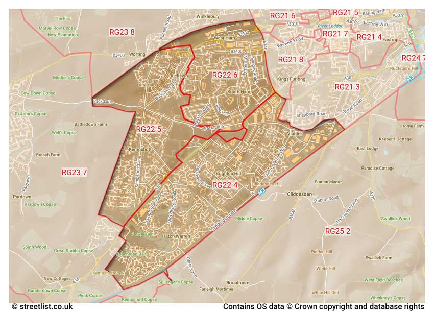 map showing postcode sectors within the RG22 district