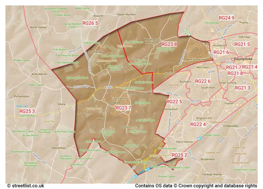 map showing postcode sectors within the RG23 district