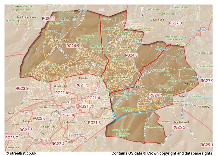 map showing postcode sectors within the RG24 district