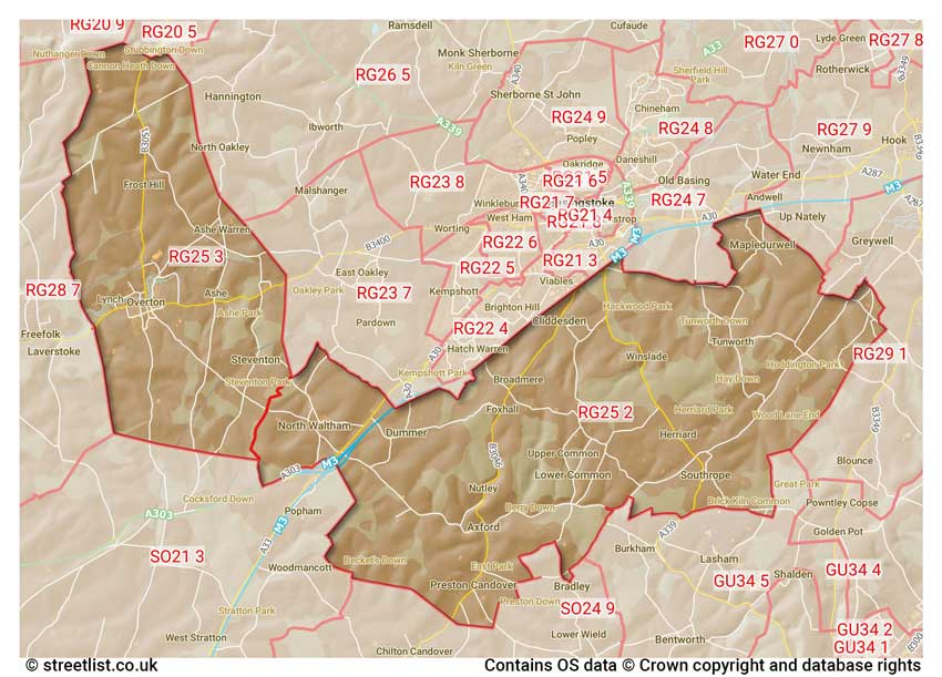 map showing postcode sectors within the RG25 district