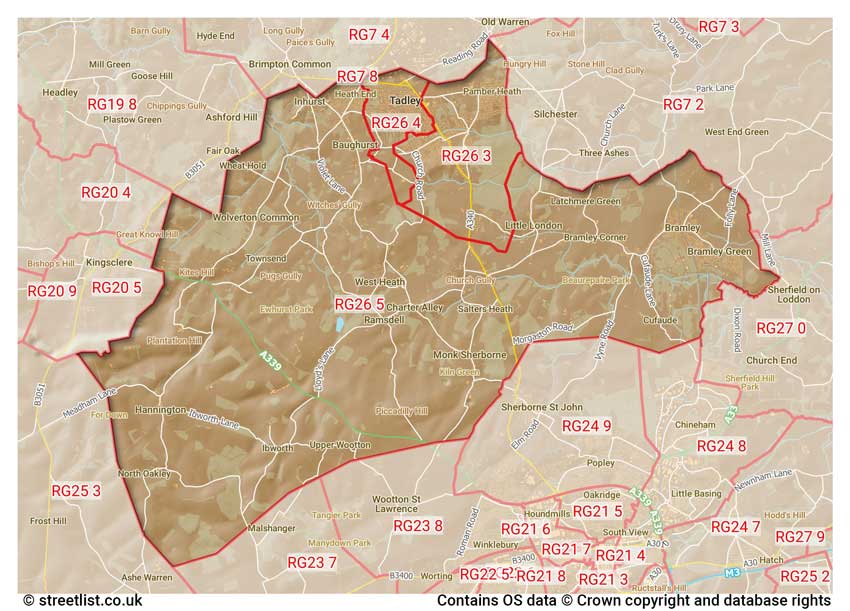 map showing postcode sectors within the RG26 district