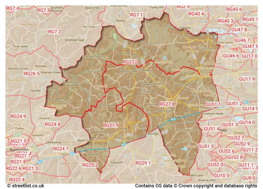 map showing postcode sectors within the RG27 district