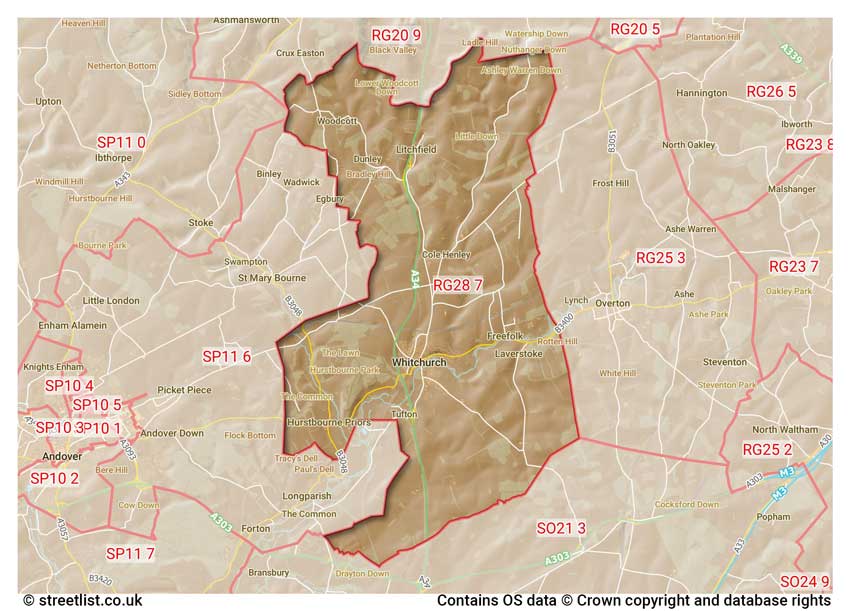 map showing postcode sectors within the RG28 district