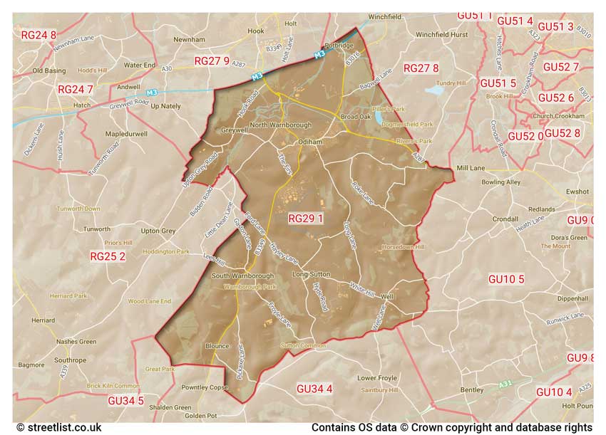 map showing postcode sectors within the RG29 district