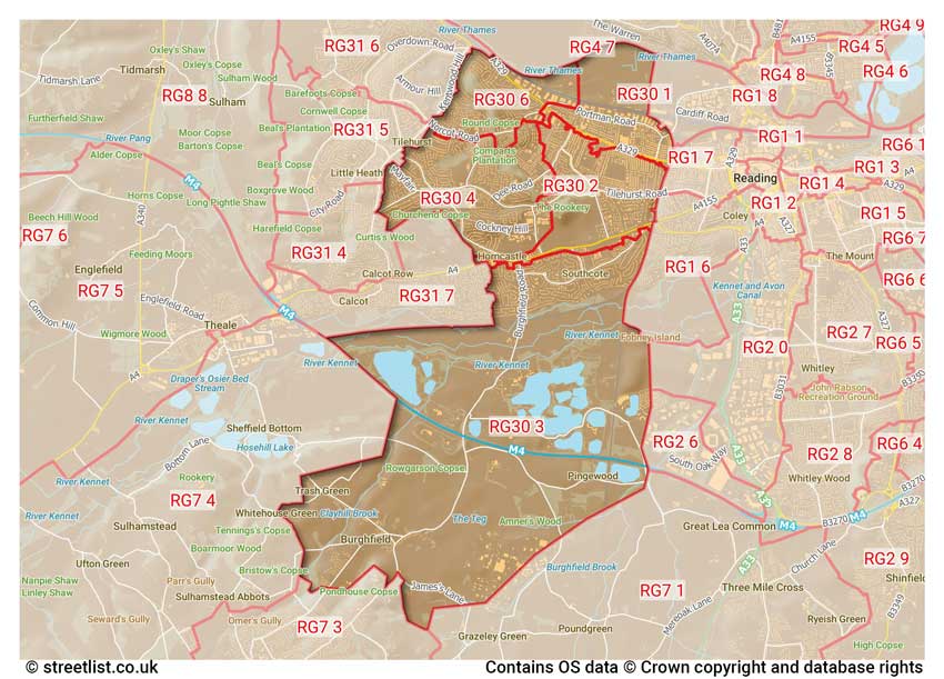 map showing postcode sectors within the RG30 district