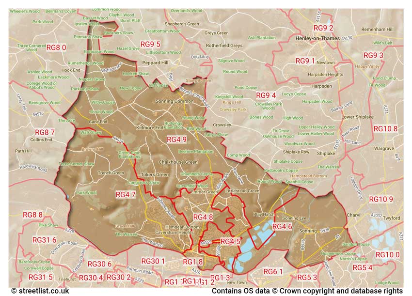 map showing postcode sectors within the RG4 district