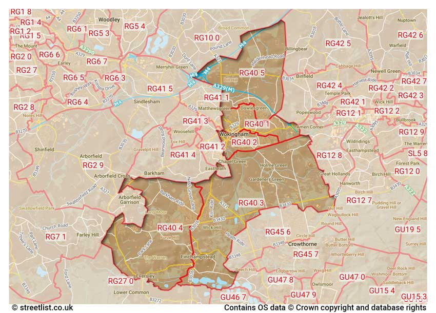 map showing postcode sectors within the RG40 district