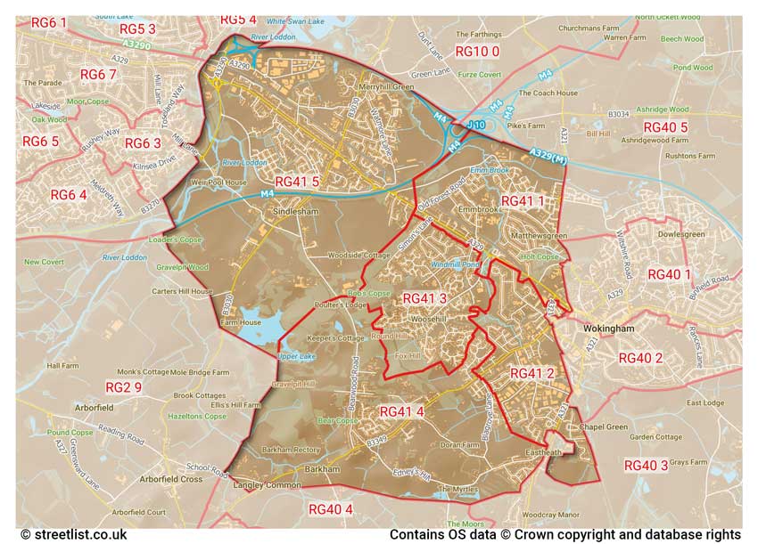 map showing postcode sectors within the RG41 district