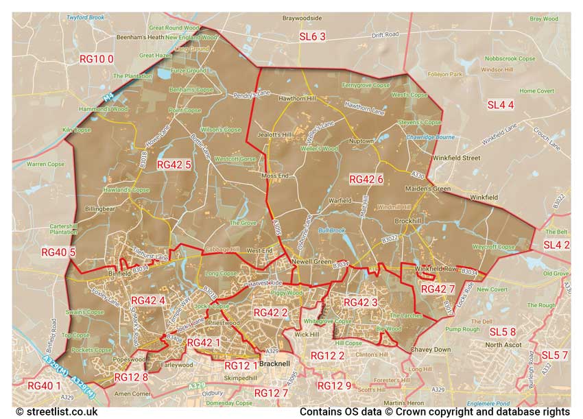 map showing postcode sectors within the RG42 district