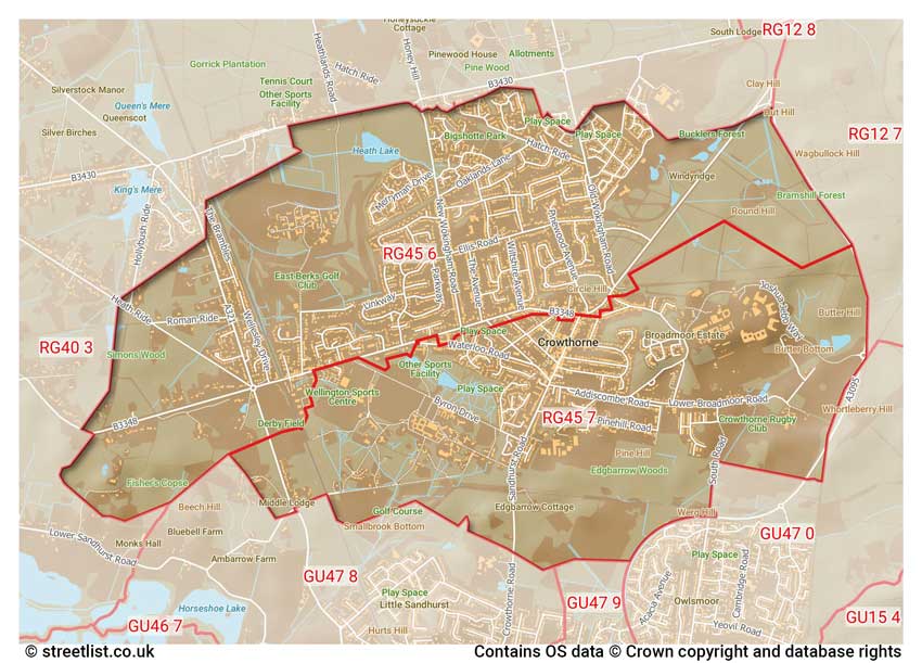 map showing postcode sectors within the RG45 district