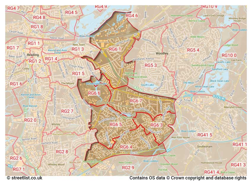 map showing postcode sectors within the RG6 district