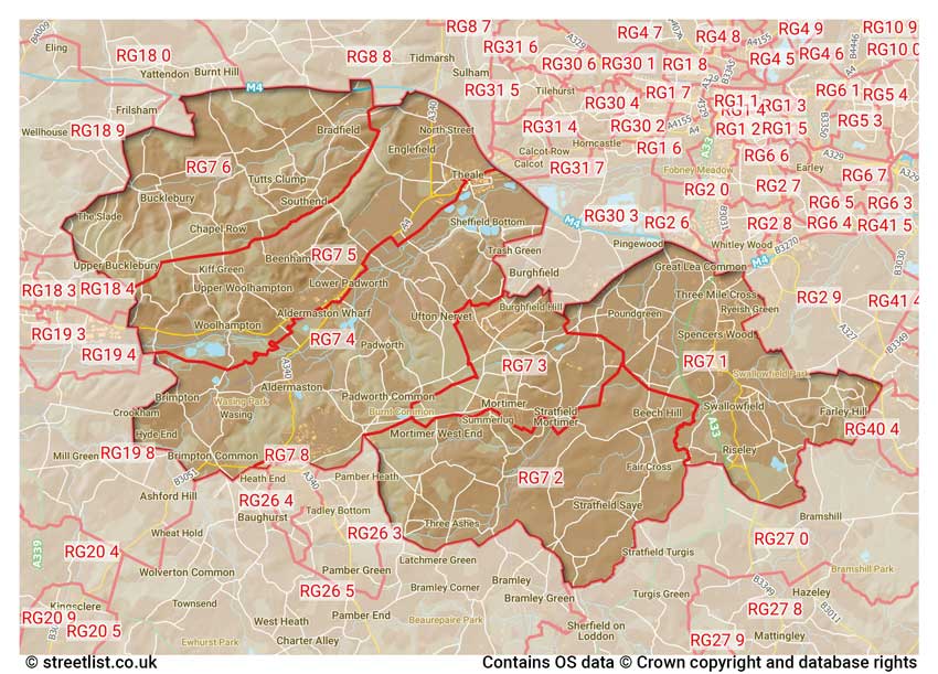 map showing postcode sectors within the RG7 district