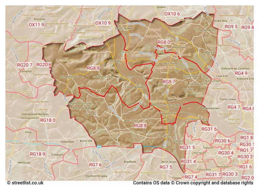 map showing postcode sectors within the RG8 district