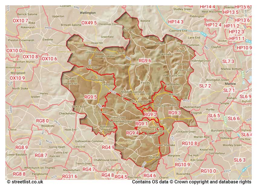 map showing postcode sectors within the RG9 district