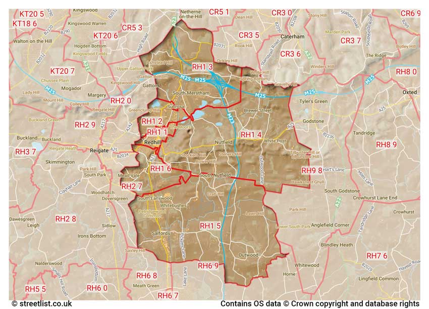 map showing postcode sectors within the RH1 district