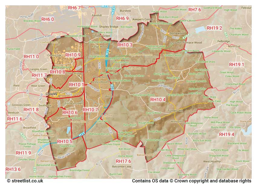 map showing postcode sectors within the RH10 district