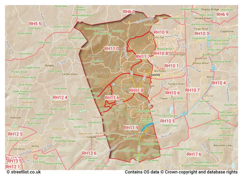 map showing postcode sectors within the RH11 district