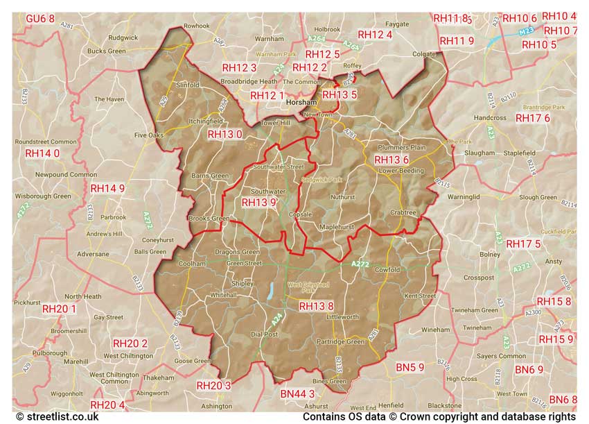 map showing postcode sectors within the RH13 district