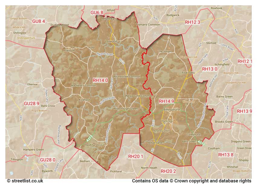 map showing postcode sectors within the RH14 district