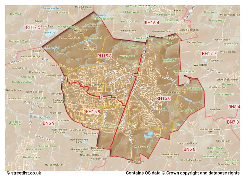 map showing postcode sectors within the RH15 district