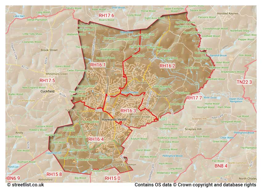 map showing postcode sectors within the RH16 district