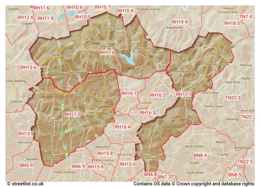 map showing postcode sectors within the RH17 district