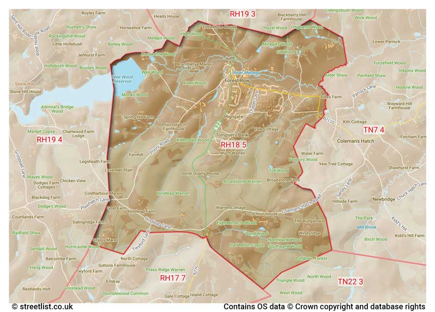 map showing postcode sectors within the RH18 district