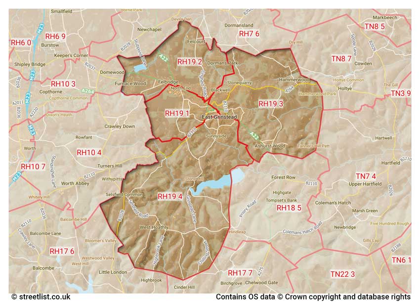 map showing postcode sectors within the RH19 district