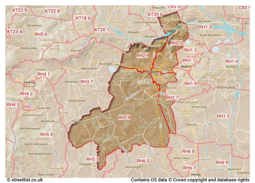 map showing postcode sectors within the RH2 district