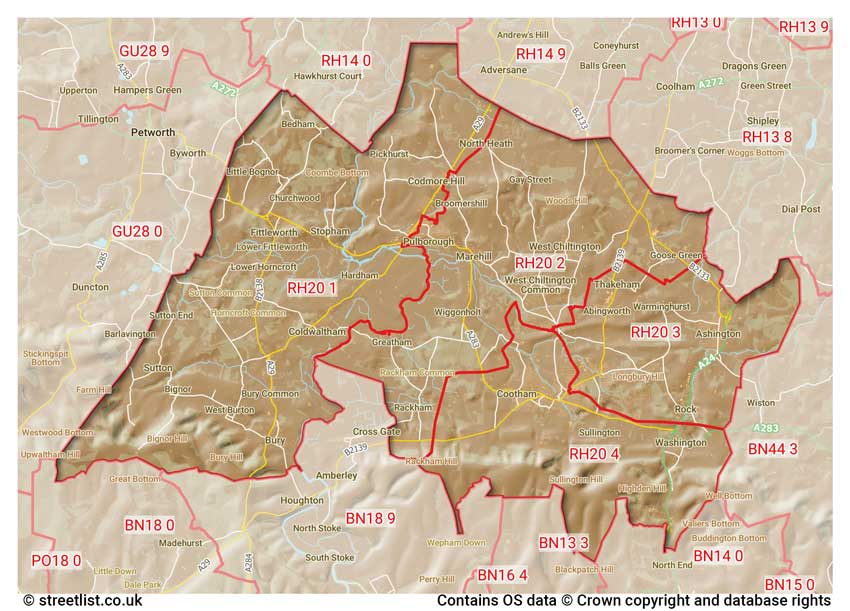 map showing postcode sectors within the RH20 district