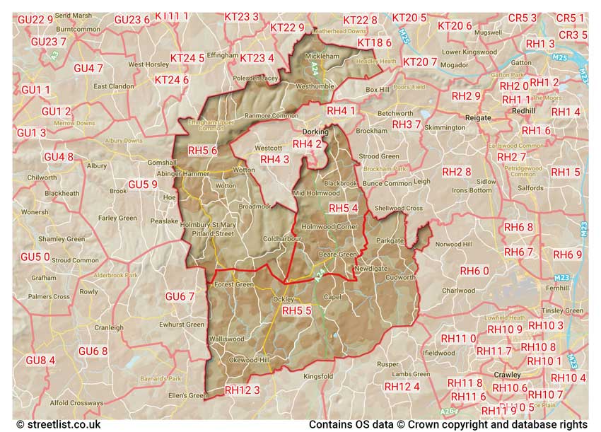 map showing postcode sectors within the RH5 district