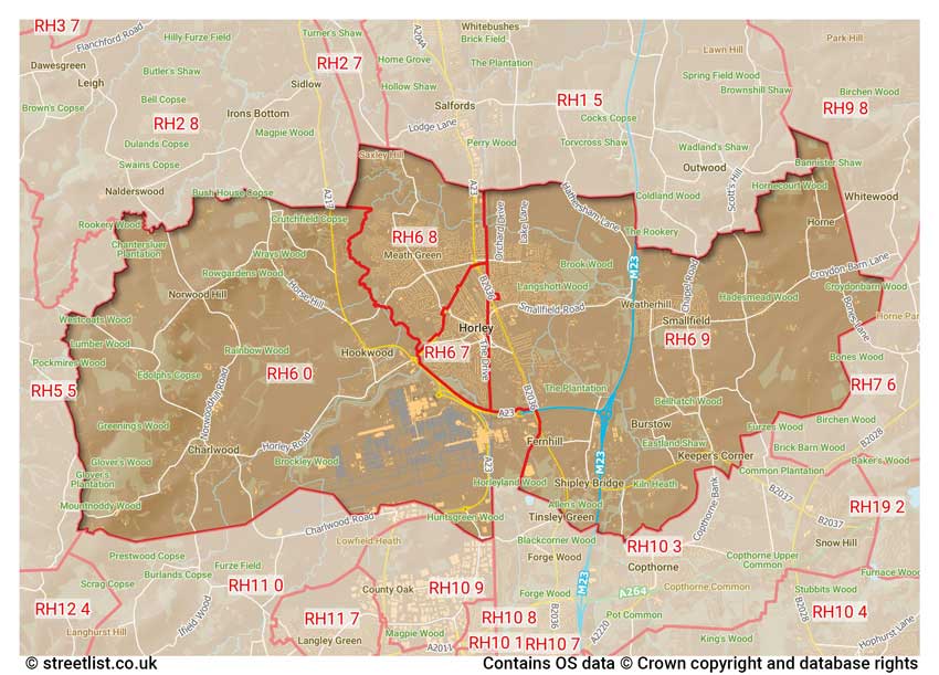 map showing postcode sectors within the RH6 district