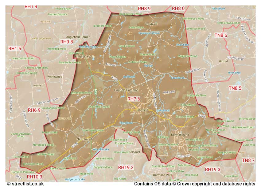 map showing postcode sectors within the RH7 district