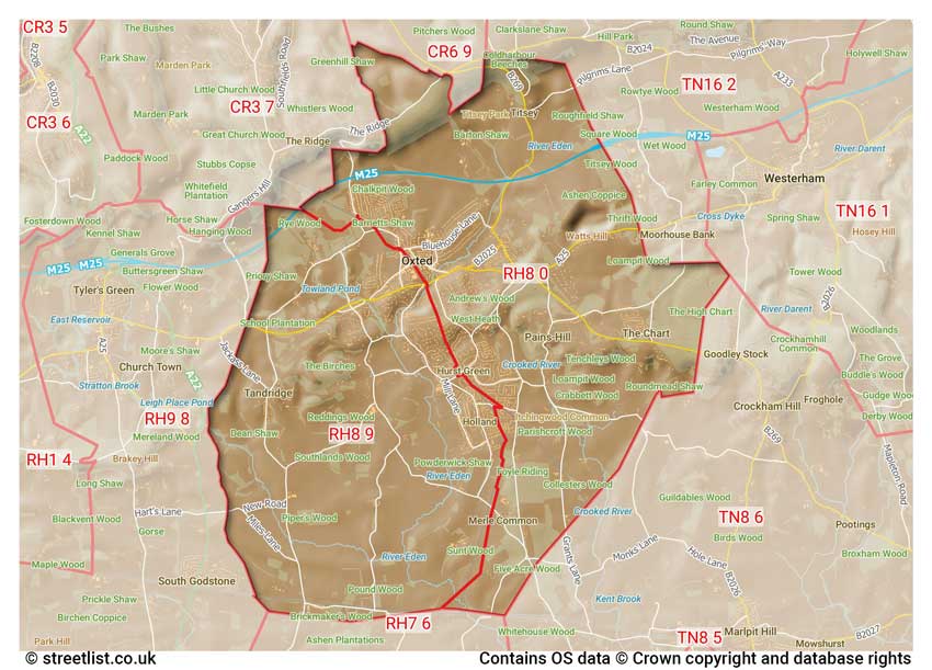 map showing postcode sectors within the RH8 district