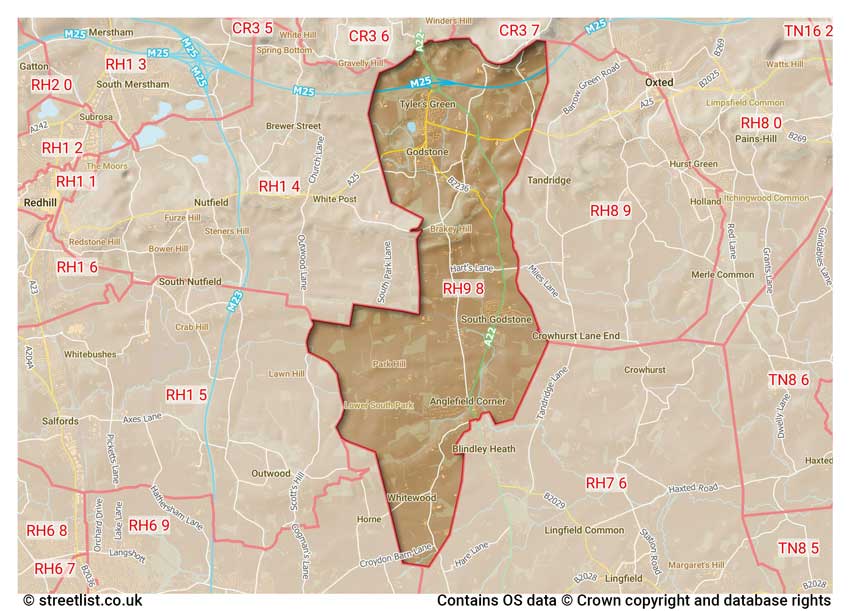 map showing postcode sectors within the RH9 district