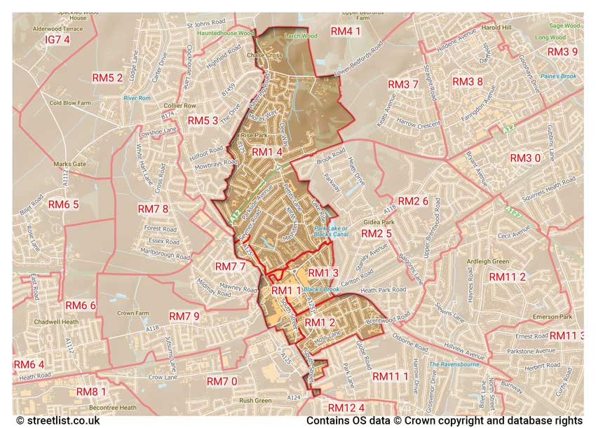 map showing postcode sectors within the RM1 district