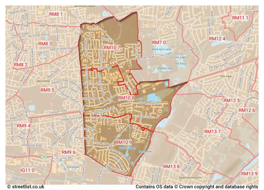 map showing postcode sectors within the RM10 district