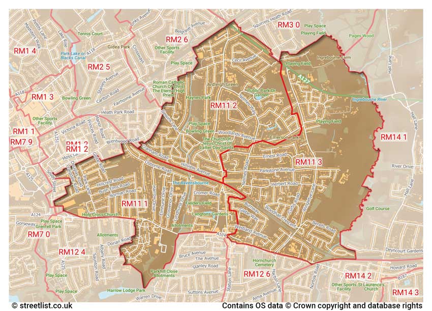 map showing postcode sectors within the RM11 district